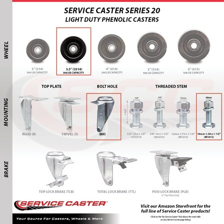 Service Caster 3.5 Inch Phenolic Swivel 10mm Threaded Stem Caster Total Lock Brake, 2PK SCC-TSTTL20S3514-PHR-M1015-2-S-2